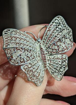Винтажная серебряная брошь серебро бабочка брошка скань филигрань3 фото