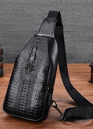 Стильная мужская сумка-бананка на грудь с крокодилом, мужская сумка слинг кросс боди на плечо черная
