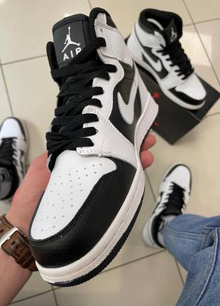 Мужские высокие кожаные кроссовки nike air jordan 1 white / black#найк