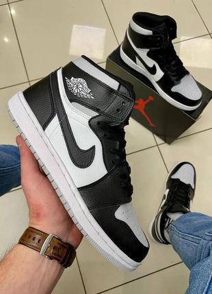 Мужские высокие кожаные кроссовки nike air jordan 1 black /white  / gray#найк