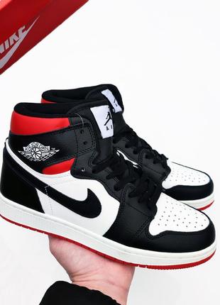 Мужские кроссовки nike air jordan 1 retro черные с белым и красным 🔥8 фото