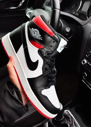 Мужские кроссовки nike air jordan 1 retro черные с белым и красным 🔥5 фото