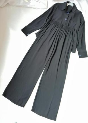 Літні костюм з натуральної тканини бавовна сорочка оверсайз довгі штани палаццо на гумці з кишенями2 фото