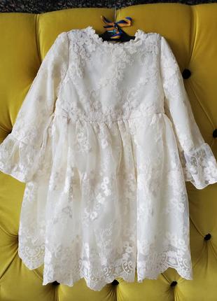 Красивое детское кружевное праздничное молочное платье для девушек на 6 7 8 лет 122 128 134 на праздник3 фото