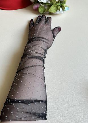 Мереживні чорні рукавички тюлеві перчатки в крапинку5 фото