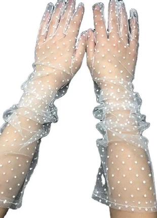 Мереживні  білі рукавички тюлеві перчатки в краплинку7 фото