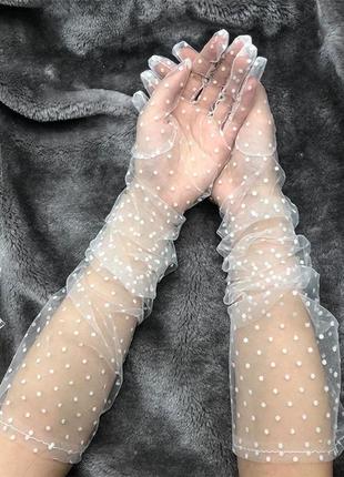 Мереживні  білі рукавички тюлеві перчатки в краплинку6 фото