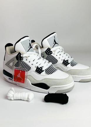 Шкіряні кросівки nike air jordan 4. колір білий з сірим та чорним. унісекс розміри 36-45