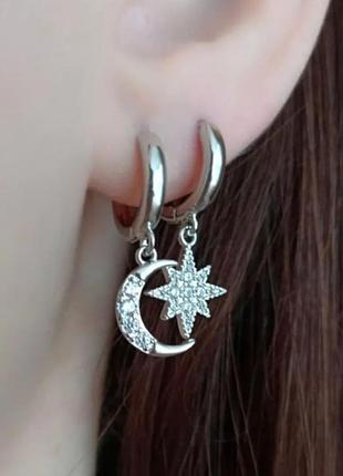 Сережки конго с подвеской луна и звезда 925