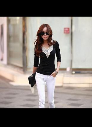 Кофта черная с кружевом, водолазка офисная, блузка черная