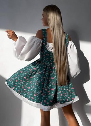 Костюм двойное платье + сарафан коттоновое с длинным рукавом в цветочный принт подкладка платья до колен короткий мини комплект весенний2 фото