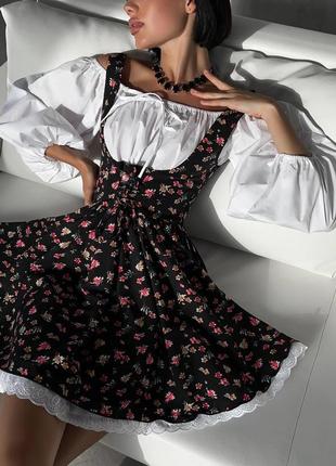 Костюм двойное платье + сарафан коттоновое с длинным рукавом в цветочный принт подкладка платья до колен короткий мини комплект весенний3 фото