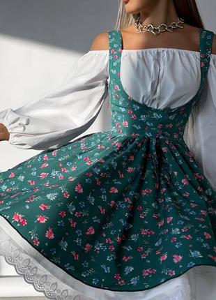 Костюм двойное платье + сарафан коттоновое с длинным рукавом в цветочный принт подкладка платья до колен короткий мини комплект весенний3 фото