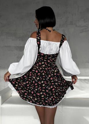 Костюм двойное платье + сарафан коттоновое с длинным рукавом в цветочный принт подкладка платья до колен короткий мини комплект весенний6 фото