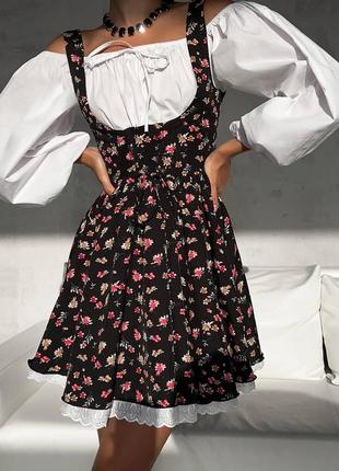 Костюм двойное платье + сарафан коттоновое с длинным рукавом в цветочный принт подкладка платья до колен короткий мини комплект весенний10 фото