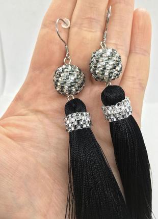 Довгі чорні сережки китиці з бісерним декором, сережки на хелловін