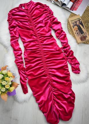 Платье платье миди велюровое бархатное с драпировкой ярко розовое1 фото
