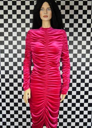 Платье платье миди велюровое бархатное с драпировкой ярко розовое2 фото