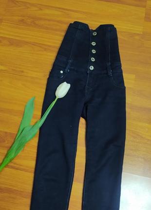Стильні джинси комбінезон джинсовий скіні з корсетом на шнурівці високі сині