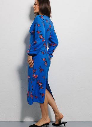 Сукня-міді з довгими рукавами синя у квіточки3 фото