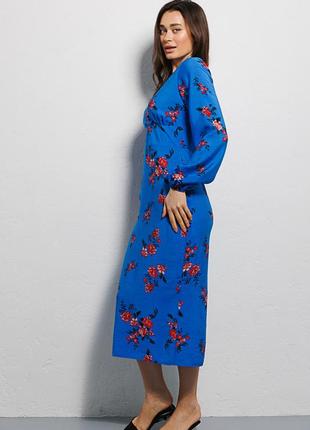 Сукня-міді з довгими рукавами синя у квіточки5 фото