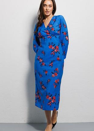 Сукня-міді з довгими рукавами синя у квіточки6 фото