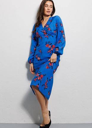 Сукня-міді з довгими рукавами синя у квіточки4 фото