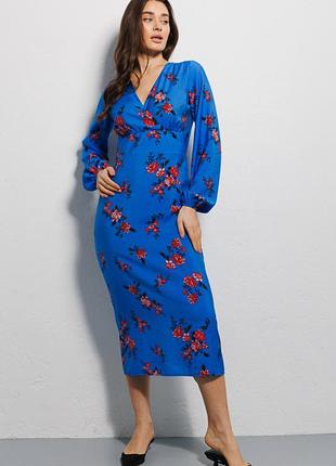 Сукня-міді з довгими рукавами синя у квіточки2 фото