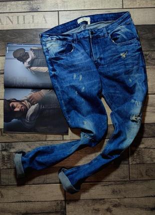 Мужские зауженные синие джинсы с потертостями zara man skinny размер 34