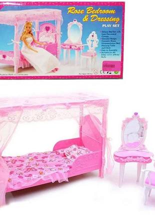 Спальня для ляльок барбі лялькові меблі ліжко з балдахіном трюмо стілець gloria1 фото