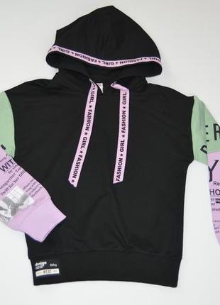 Худи с капюшоном - черная с фиолетовым 146-164 размер 100244 фото
