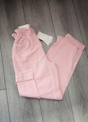 Bershka новые джинсы брюки карго розовые с большими накладными карманами и подкатом на резинке, xxs, xs6 фото