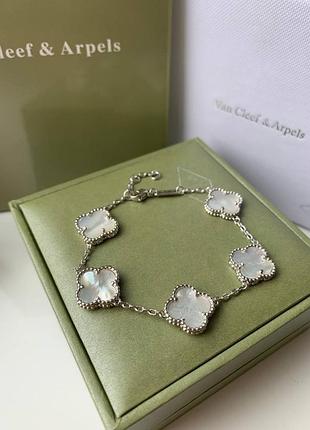 Набор ванклиф van cleef / клевер / белый - серьги, подвеска, браслет / натуральный перламутр / белое золото