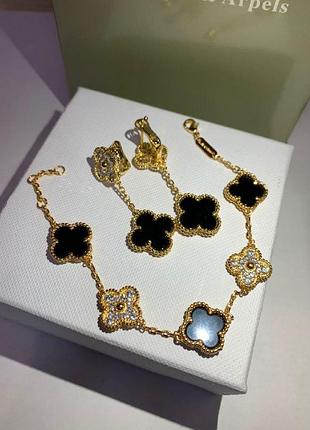 Набір конюшини (стиль ван кліф) браслет, сережки позолота з цирконієм і оніксом