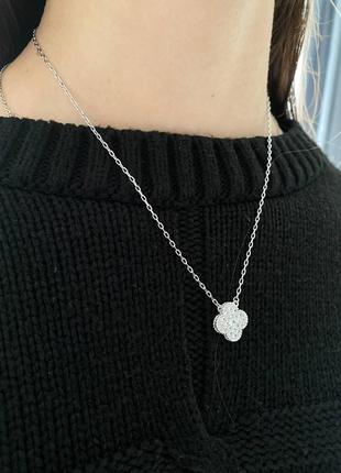 Брендовая серебряная подвеска с клевером с цирконами, серебро 925, люкс качество!