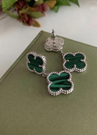 Серьги зеленые двойные клевер ван клиф, покрытие серебро и белое золото au 750