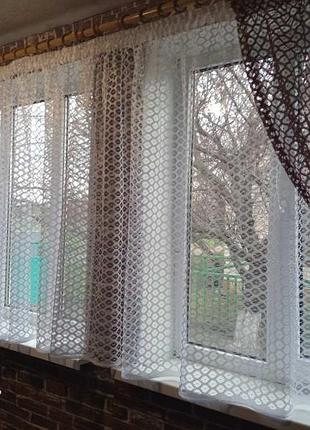 Тюль комплект короткая сетка «соты» белый с коричневым до подоконника для спальни,...