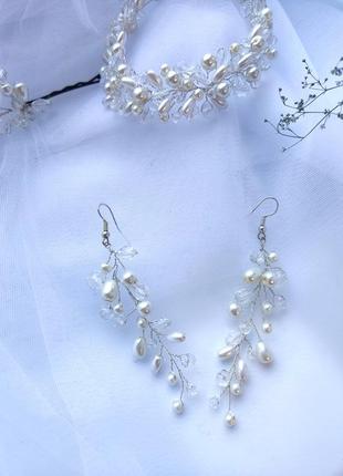 Прикраса на весілля гілочка для волосся перли ,браслет, сережки handmade1 фото