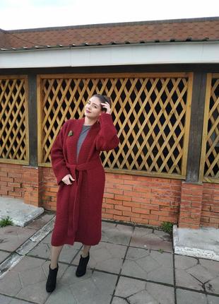 Вязаный женский объёмный длинный кардиган с поясом пальто кофта oversize4 фото