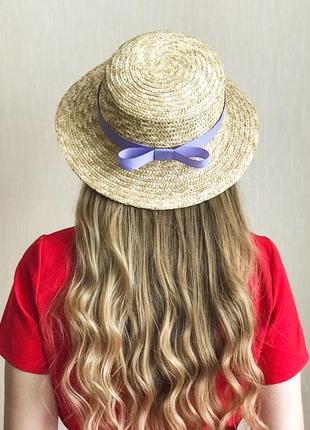 Жіноча солом'яний капелюх канотьє з фіолетовою стрічкою