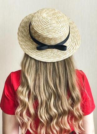 Жіноча солом'яний капелюх канотьє з чорною стрічкою2 фото