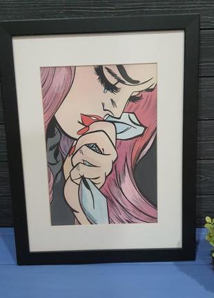 Комикс, картина поп арт, плачущая девушка с розовыми волосами8 фото
