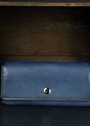 Кожаный кошелек на 12 карт, натуральная кожа итальянский краст, цвет синий1 фото