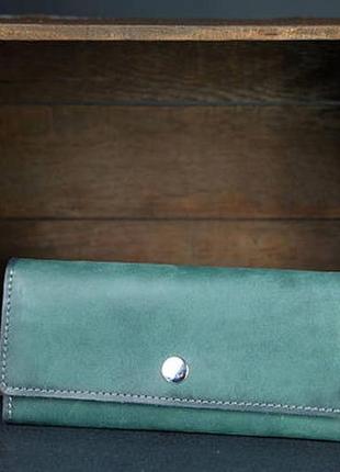 Кожаный кошелек на 12 карт, натуральная кожа итальянский краст, цвет зеленый