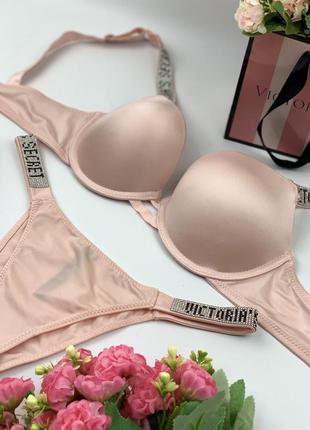 Комплект женского белья victoria`s secret rhinestone стразы   - розовый бежевый