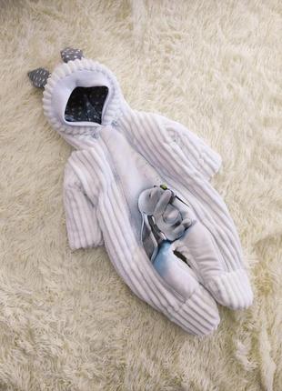 Зимний конверт одеяло + комбинезон для грудничков, принт зайчонок, белый плюш в полоску