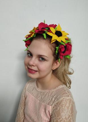 Обруч з маком і соняшником в українському стилі
