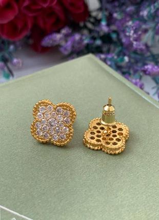 Сережки в стилі ванкліф покриття лимонним золотом au750, цирконій3 фото