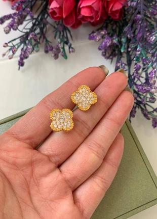 Сережки в стилі ванкліф покриття лимонним золотом au750, цирконій4 фото