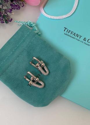 Серьги цепи тиффани tiffany  с цирконами, посеребрённые